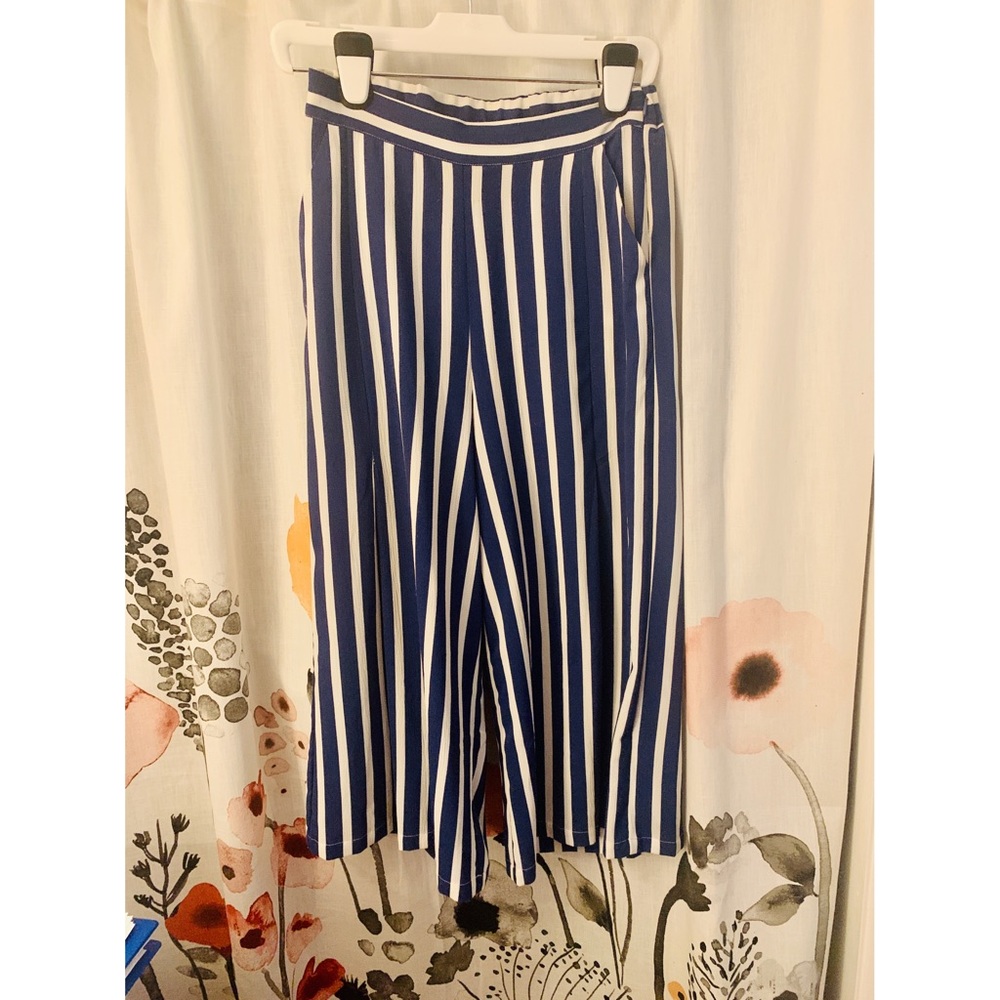 Blue Striped Cropped Flowy Pants